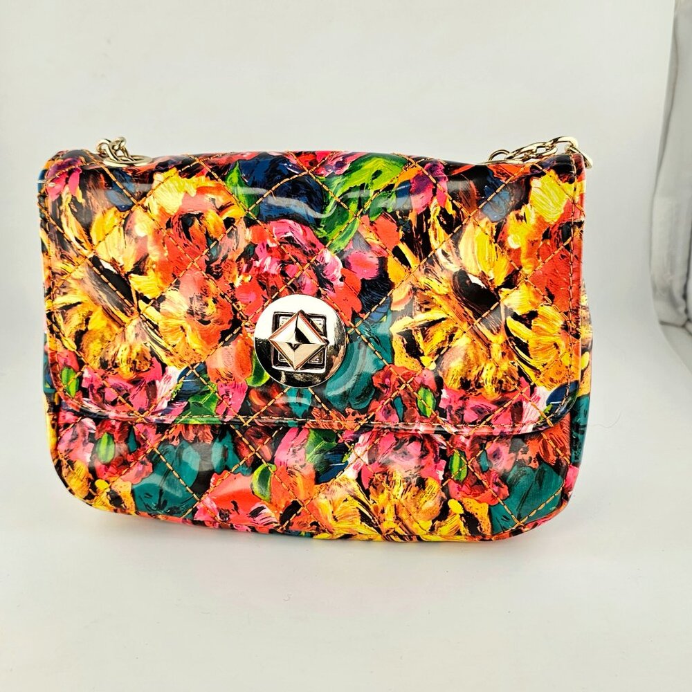 Multicolor Floral Quilted Crossbody Bag Gold Chain Strap Turn Lock Mini Purse